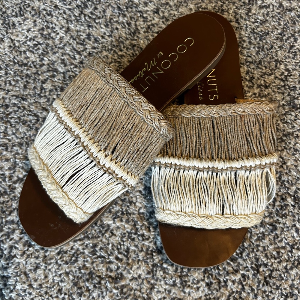 Coconuts by Matisse Braided Fringe Slide Sandals in Brown and Cream